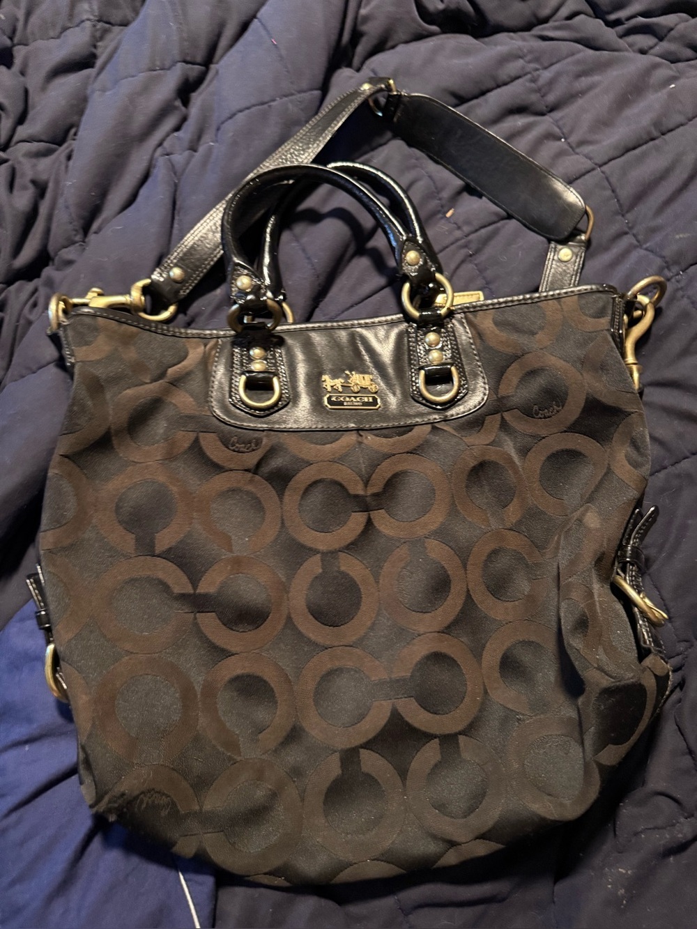Coach Brown & Black Signature Circle Tote with Leather Trim